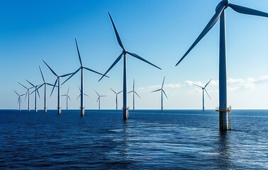 Wind turbines in the sea with a clear blue sky, Copenhagen visible in the background, wide shot.