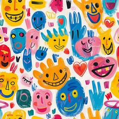 A delightful crayon drawing of smiling faces, each one expressive and full of life, surrounded by playful doodles and bright colors, evoking the joyful spirit of kindergarten art. Minimal pattern