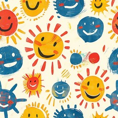 A heartwarming drawing of smiling faces, each one unique and full of happiness, surrounded by playful shapes and bright colors, reflecting the innocent creativity of a kindergartener. Minimal pattern