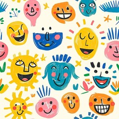 A lively crayon drawing of happy faces, each one expressive and full of joy, surrounded by playful doodles and bright colors, reflecting the imaginative spirit of a young child. Minimal pattern