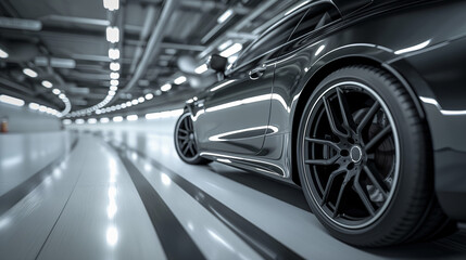 A sleek black coupe drives through a modern, lit tunnel