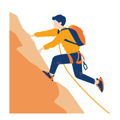 Obraz premium Young male mountaineer climbing steep slope, equipped backpack rope. Athletic climber ascending rock formation, wearing orange blue outdoor gear. Adventure, extreme sports concept, rock climbing