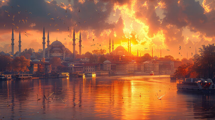 Naklejka premium typical istanbul scene with moschee and bospurus background created with Generative AI technology