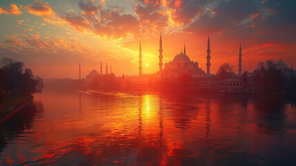 Naklejka premium typical istanbul scene with moschee and bospurus background created with Generative AI technology