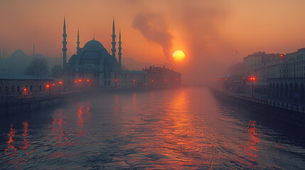 Naklejka premium typical istanbul scene with moschee and bospurus background created with Generative AI technology