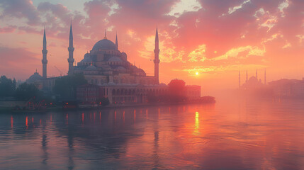 Naklejka premium typical istanbul scene with moschee and bospurus background created with Generative AI technology