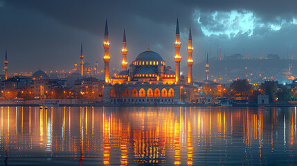 Fototapeta premium typical istanbul scene with moschee and bospurus background created with Generative AI technology