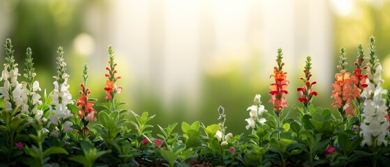 A charming scene of blooming snapdragons in a variety of colors, their tall spikes and unique flowers creating a playful garden display