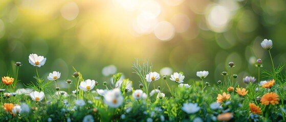 Obraz premium A serene field of wildflowers in full bloom, their vibrant colors and delicate petals creating a picturesque meadow scene. flat design, minimalistic shapes with space for text