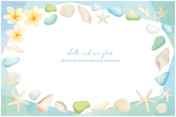 水彩で描いたカラフルなシーグラスと白い貝殻のフレーム