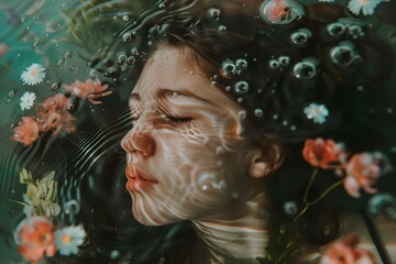 A surreal underwater scene featuring a serene face surrounded by floating flowers and bubbles, creating a dreamlike atmosphere