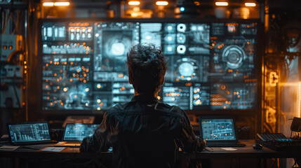 man staring at many product engineering sketches on a wall projecting out as holograms wireframe 3D illustrations created with Generative AI technology