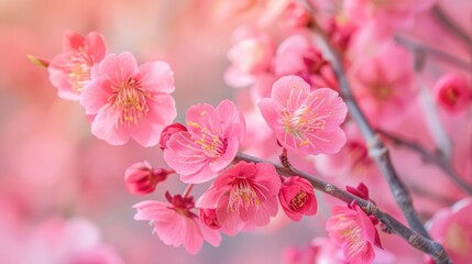 Fototapeta premium Spring flowers blooming on trees Lovely springtime Sakura blooms Background of pink cherry blossoms