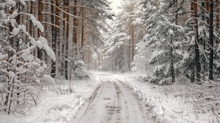 Obraz premium Snow covered pine forest road on a cloudy winter day