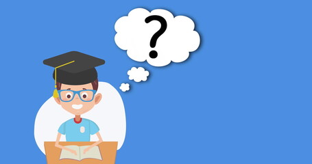 Image of graduated boy icon with question mark on speech bubble against blue background