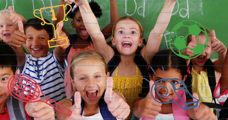 Image of sports concept icons against diverse students showing thumbs up at elementary school
