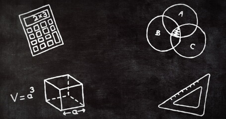Image of multiple mathematics concept icons against blackboard