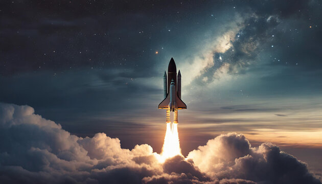 silhouette of a space shuttle or missile launches through dark clouds, symbolizing power, ambition, and technological breakthrough against a dramatic sky, encapsulating a sense of determination and pr