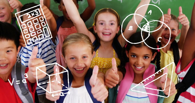 Image of mathematics concept icons against diverse students showing thumbs up at elementary school