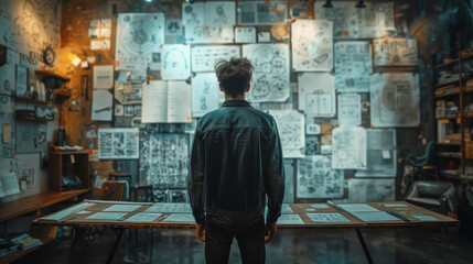 man staring at many product engineering sketches on a wall projecting out as holograms wireframe 3D illustrations created with Generative AI technology