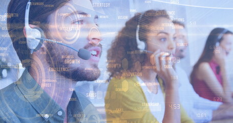 Image of statistics and data processing over business people using phone headsets