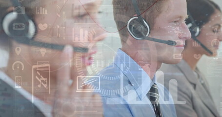 Image of statistics and data processing over business people using phone headsets