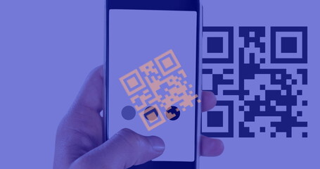 Image of qr code and qr code scanning on smartphone, over purple background