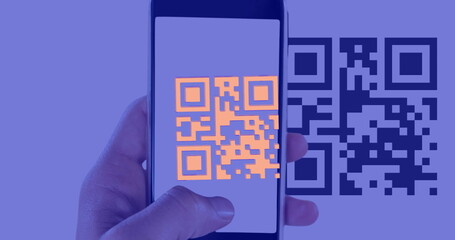 Image of qr code and qr code scanning on smartphone, over purple background
