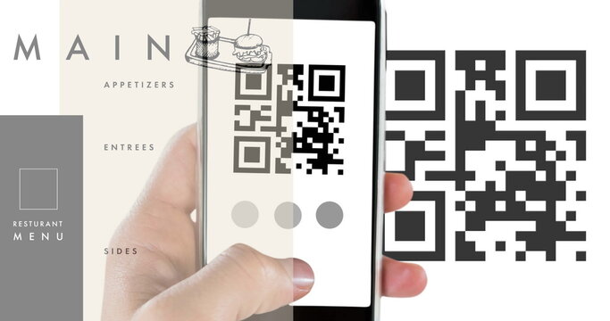 Image of qr code and restaurant menu scanning on smartphone