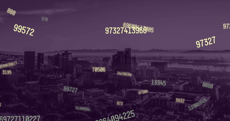 Image of falling numbers over cityscape
