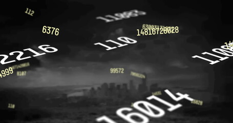 Image of falling numbers over cityscape