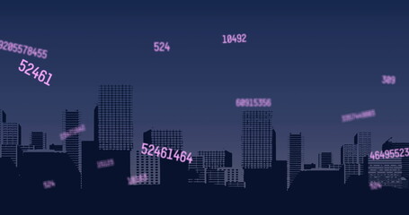 Image of falling numbers over cityscape