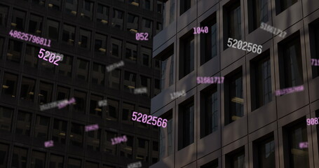 Image of falling numbers over cityscape