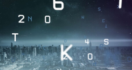 Image of falling numbers and letters over cityscape