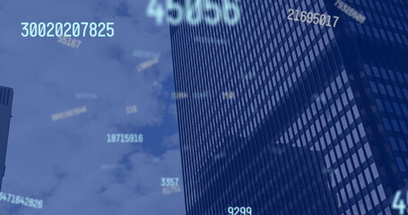 Image of falling numbers over cityscape