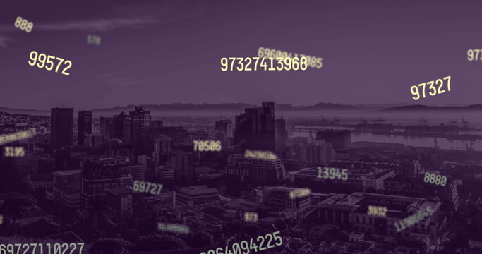Image of falling numbers over cityscape