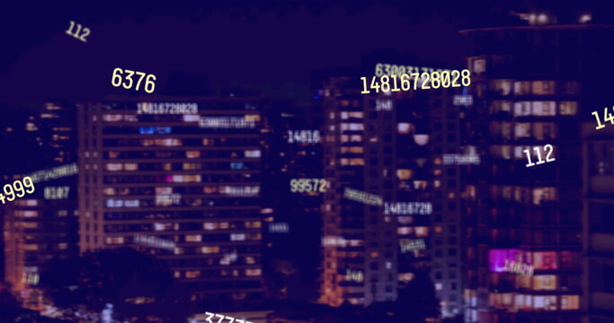 Image of falling numbers over cityscape - Powered by Adobe