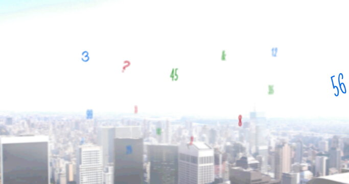 Image of falling numbers over cityscape