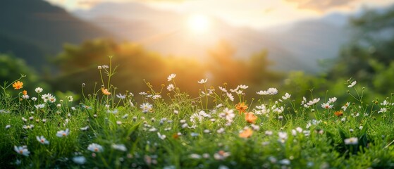 Obraz premium A serene meadow filled with wildflowers, their vibrant colors and delicate petals creating a picturesque landscape. flat design, minimalistic shapes with space for text