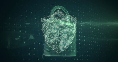 Image of changing numbers and letters over online cloud, shield and security padlock