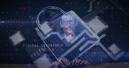 Image of online security padlock over man using computer