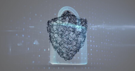Image of changing numbers and letters over online shield and security padlock