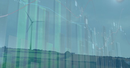 Image of statistics and data processing over wind turbines in countryside landscape