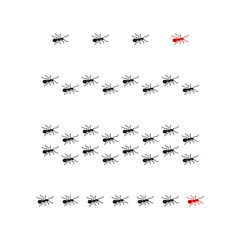 Ant icons set. Black ants with red accent. Minimalist design. Vector illustration.