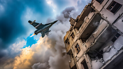 A warjet flying on a warzone