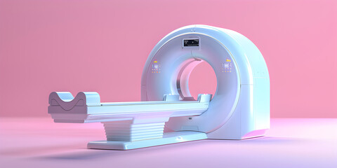 Medical CT or MRI Scan in the modern hospital laboratory. Interior of radiography department. Technologically advanced equipment in white room. Magnetic resonance diagnostics machine pink background.