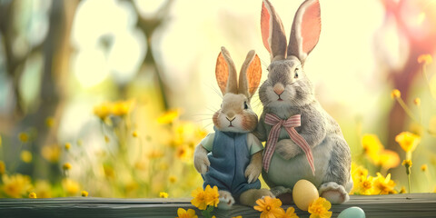 Easter holiday. Easter bunnies on a blurred yellow floral background in the rays of the sun. Spring season. Two Easter bunnies on a meadow with dandelions.