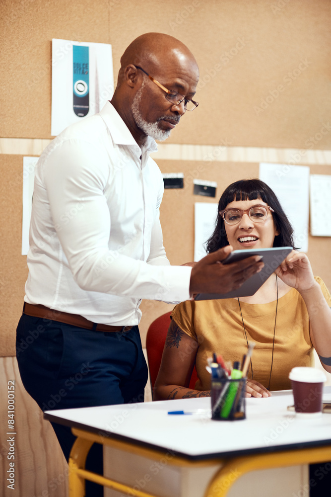 Canvas Prints Business people, employee and discussion at desk with tablet for schedule planning, meeting agenda and review. Mature manager, technology and calendar feedback with communication and collaboration