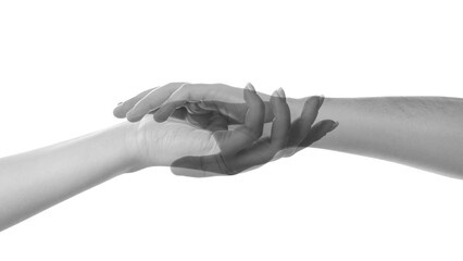 Double exposure of people's hands on white background, closeup. Black and white effect