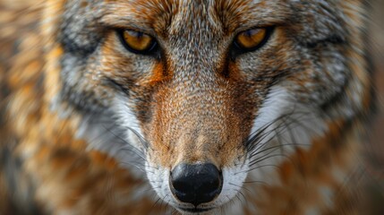 Fototapeta premium Stunning close-up of a wild animal's face showcasing its intense yellow eyes and detailed fur, captured in high resolution to highlight its natural beauty and fierce expression